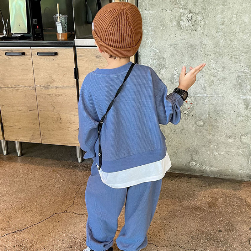 Clothing Sets 4 10 Years Old Boys Suit Spring And Autumn Thread False Two Piece Solid Color Tops Pants High Quality 230307