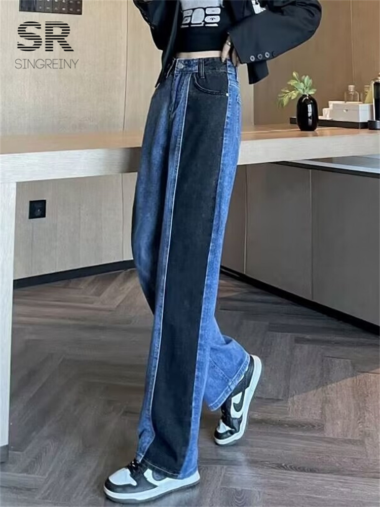 Women's Jeans SINGREINY Pocket Splice Denim Women Jeans Retro Button Zipper Casual Straight Loose Streetwear Ladies Fashion Autumn Long Pants 230