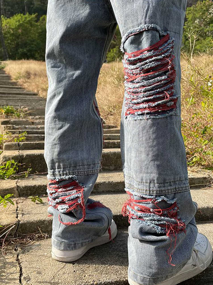 Men's Jeans HOUZHOU Y2K Ripped Patchwear Distressed Jeans Pants Men Hip Hop Punk Goth Red Denim Trousers Male Vintage Japanese Streetwear Z0301