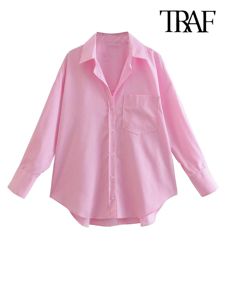Women's Blouses Shirts TRAF Women Fashion Patch Pocket Striped Poplin Shirts Vintage Long Sleeve Button-up Female Blusas Chic Tops 230308