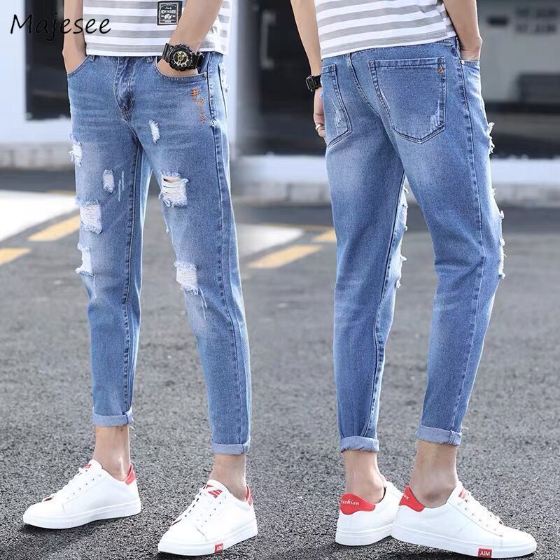 Men's Jeans Men Jeans Ankle-length Holes Straight Washed Leisure Denim Trousers Teens Chic Streetwear Mens All-match Big Size 34 Vintage 230308