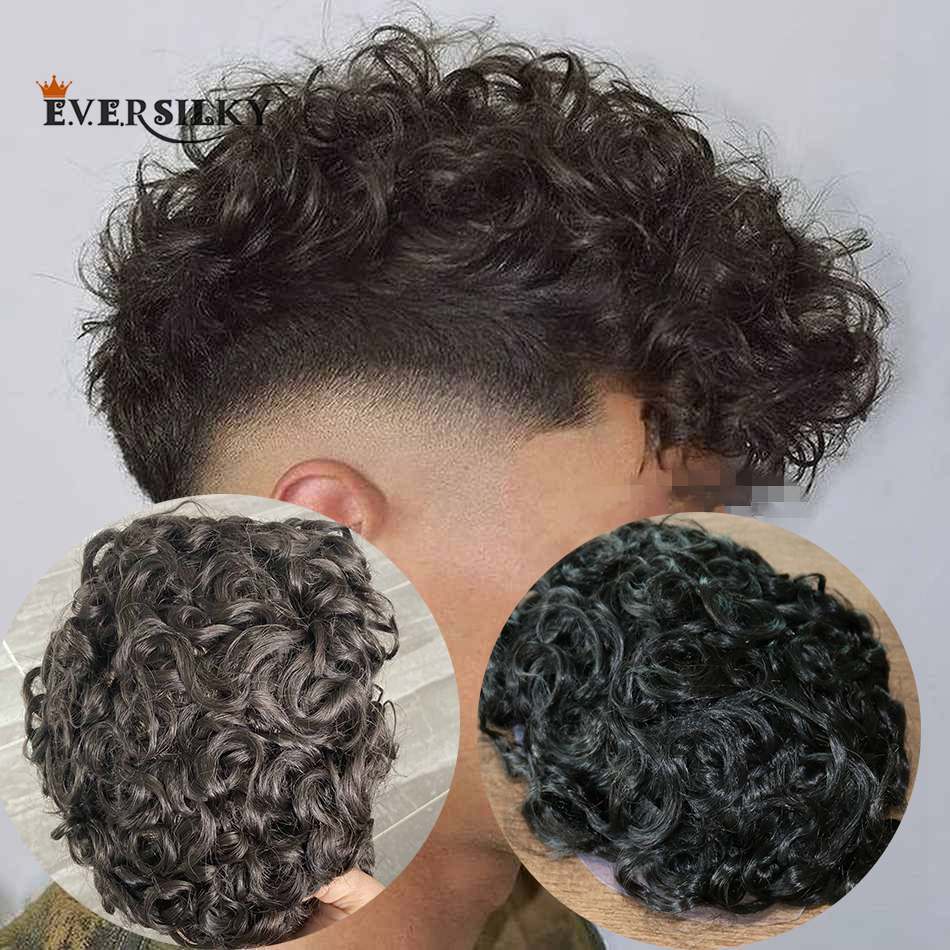 Men's Children's Wigs Full Skin Base 20mm Curly Human Hair Men's Toupee Durable Prosthesis System Black/Brown Hair Piece 130 Density Na
