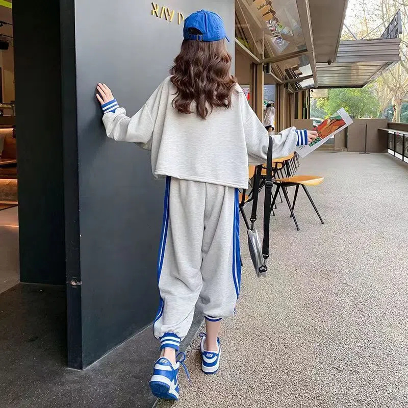 Clothing Sets Contrast Girls V neck Sweatshirt Sweatpant School Kids Tracksuit Students Jogging Suit Children 2 Pieces Outfits 3 16 Years 230307