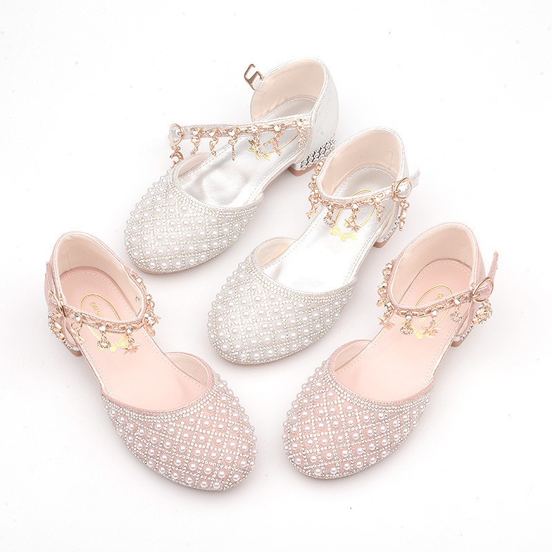 First Walkers Girls High Heel Shoes For Kids Pearl Teen Crystal Party Princess Child Wedding Formal Leather Sandals Footwear 230308