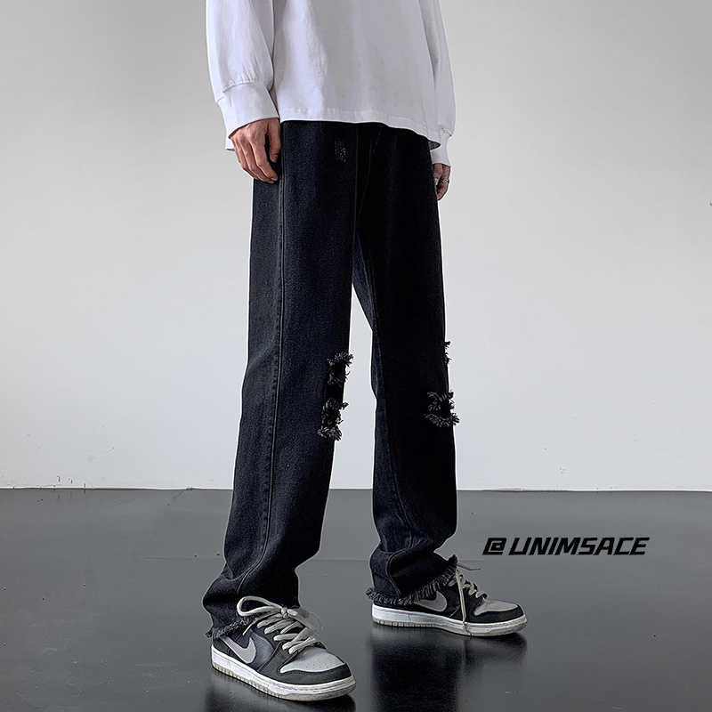 Men's Jeans White Blue Black Ripped Jeans Men Fashion Casual Straight Jeans Men Streetwear Hiphop Loose Hole Denim Pants Mens Trousers Z0301