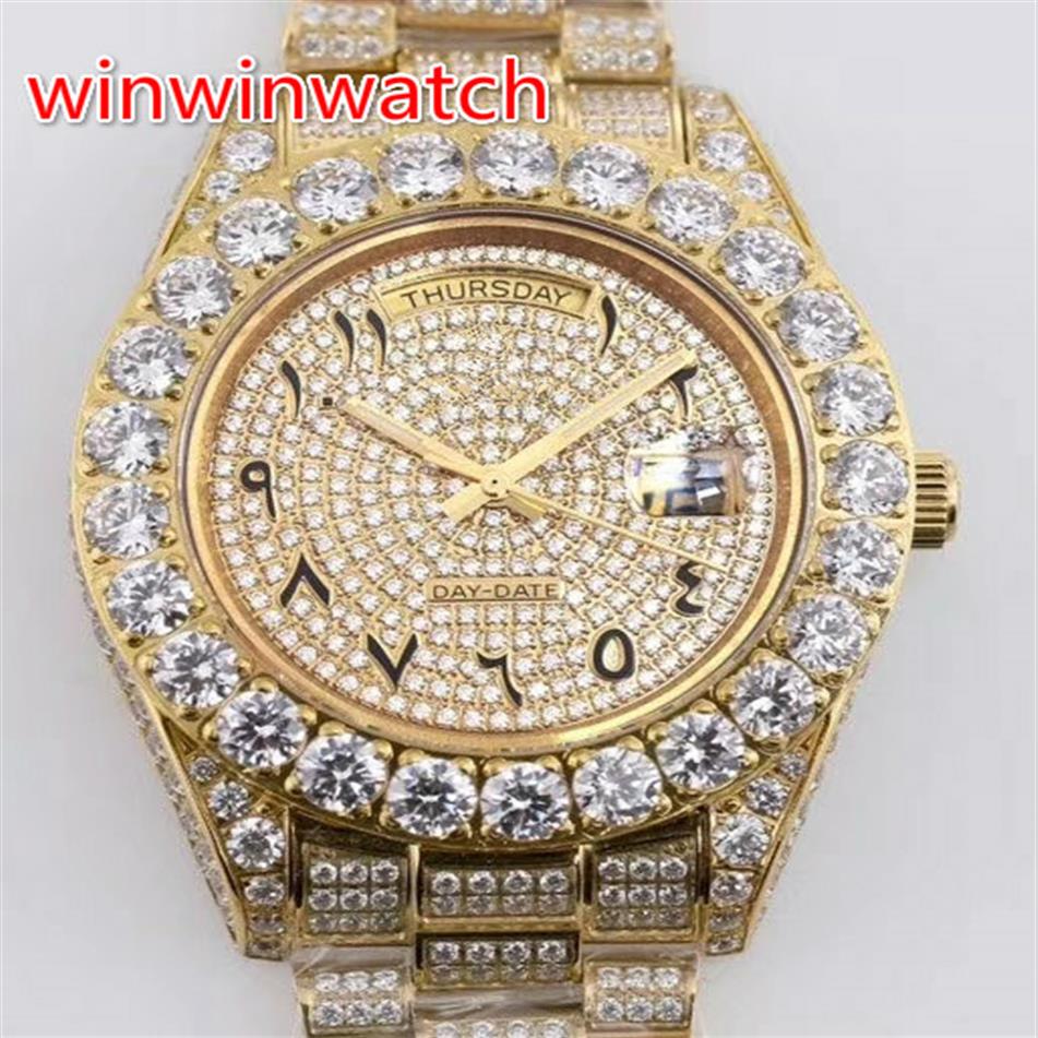 Big prong set diamonds bezel MEN watch gold 43mm Arabic numerals dial shiny diamonds case sapphire crystal automatic big diamonds 270o, Gold dial
Big prong set diamonds bezel MEN watch gold 43mm Arabic numerals dial shiny diamonds case sapphire crystal automatic big diamonds 270o, Gold dial