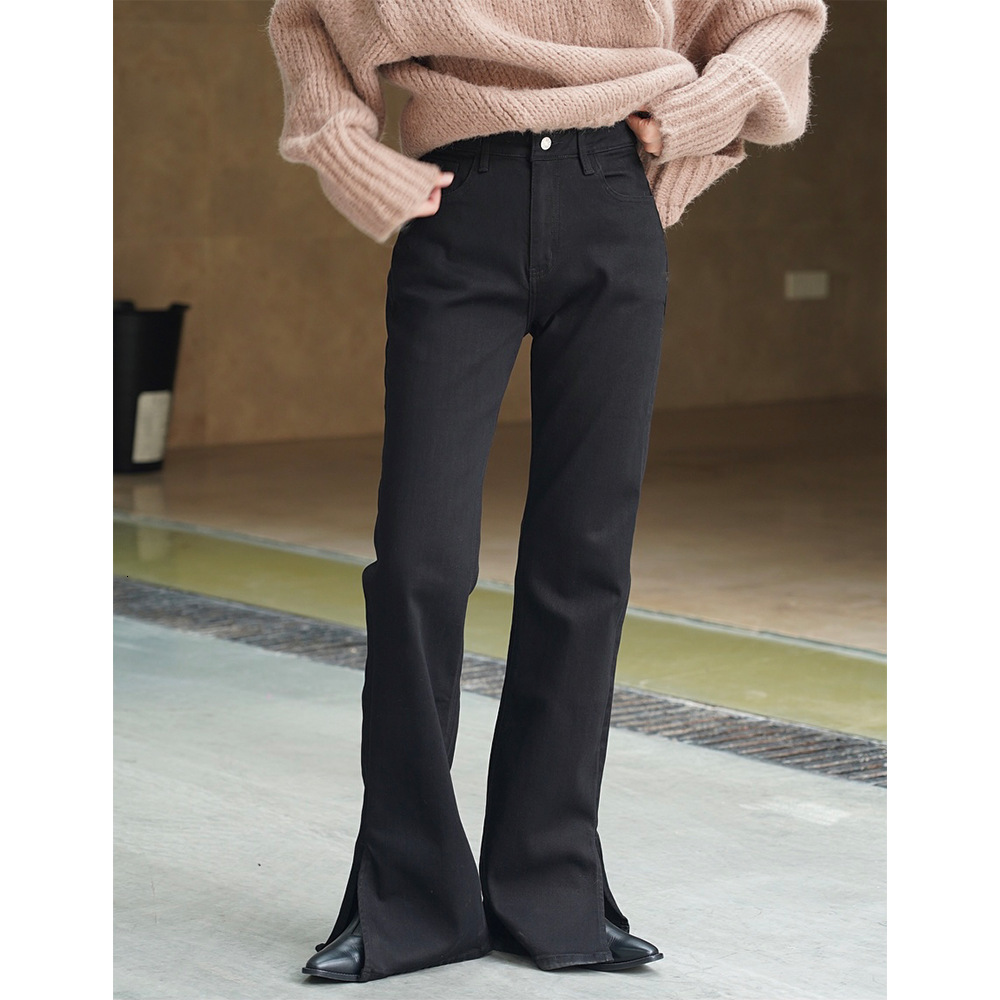 Women's Jeans Autumn and winter women's casual solid color high waist slim slit flared jeans 230308