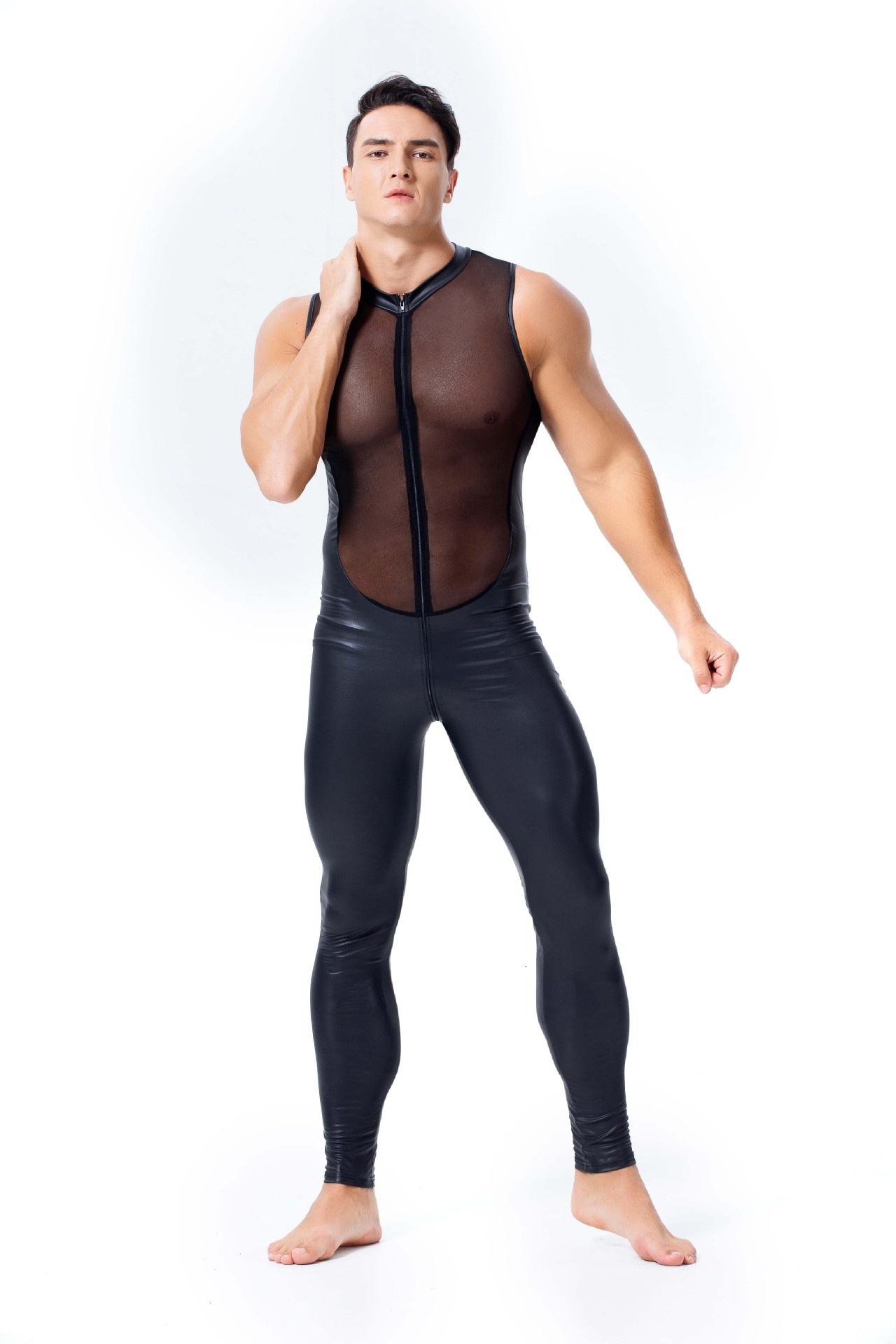 Sexy Set Men Mesh Top Stitching Leather Jumpsuit Tight Zentai suits for See through Club Wear 230307