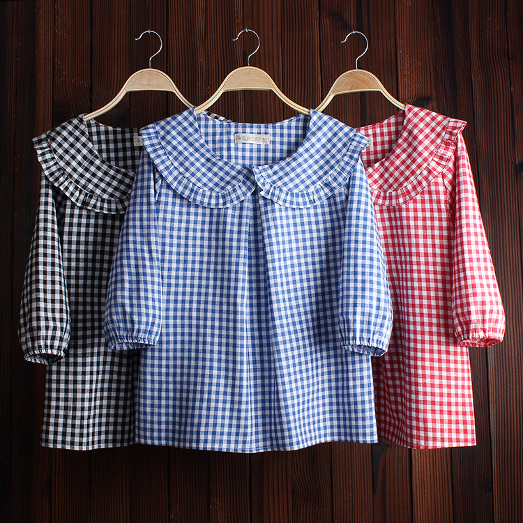 Women's Blouses Shirts Fashion Women Spring Autumn Comfortable Plaid Peter Pan Collar Shirts Female Sweet Ruffled Pleated Shirts Blouses A79 2303