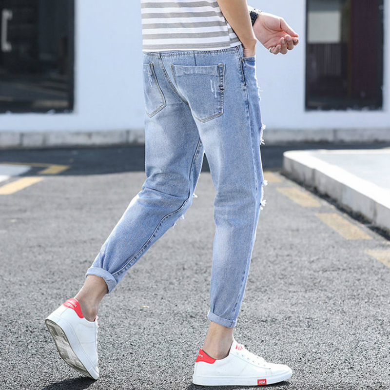Men's Jeans Men Jeans Ankle-length Holes Straight Washed Leisure Denim Trousers Teens Chic Streetwear Mens All-match Big Size 34 Vintage 230308