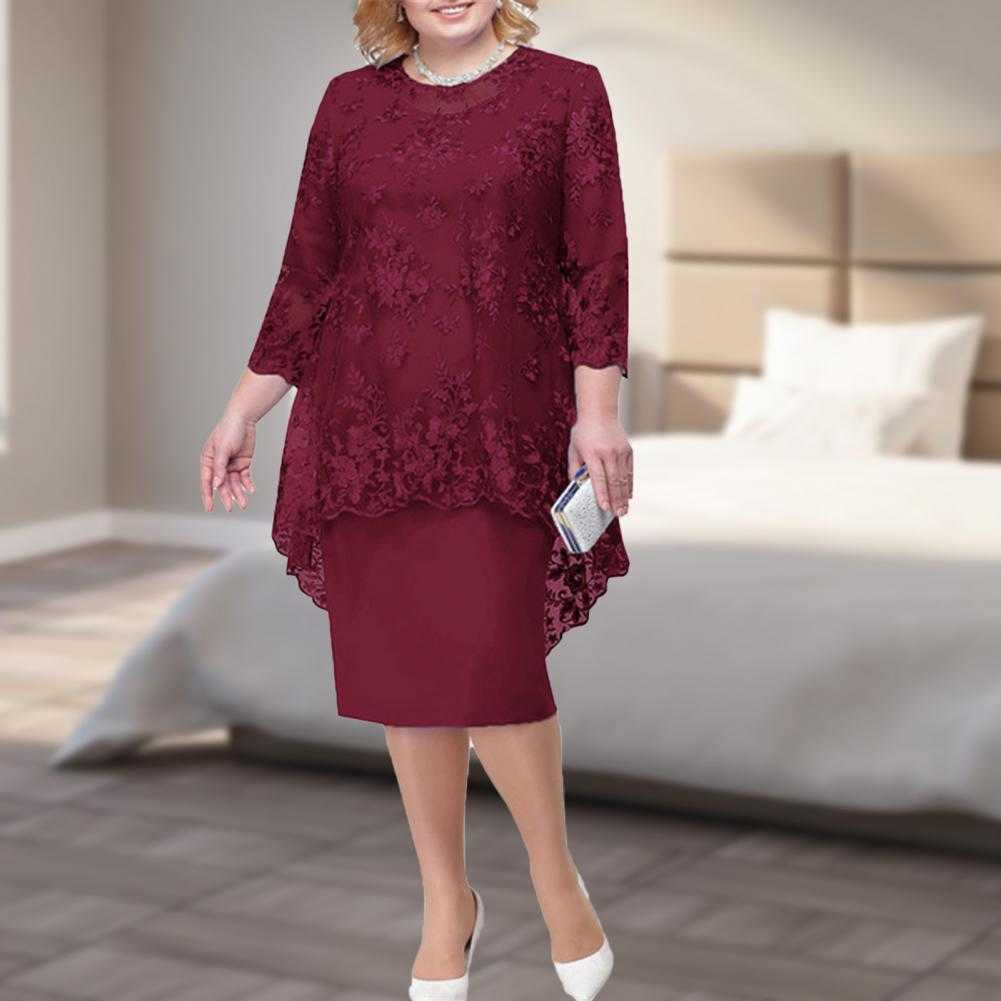 Skirts Women Dress Elegant Vestidos O-neck High-Waist Plus Size Midi Dress Embroidery Lace 3/4 Sleeve Lady Evening Dress Female Clothes W0308