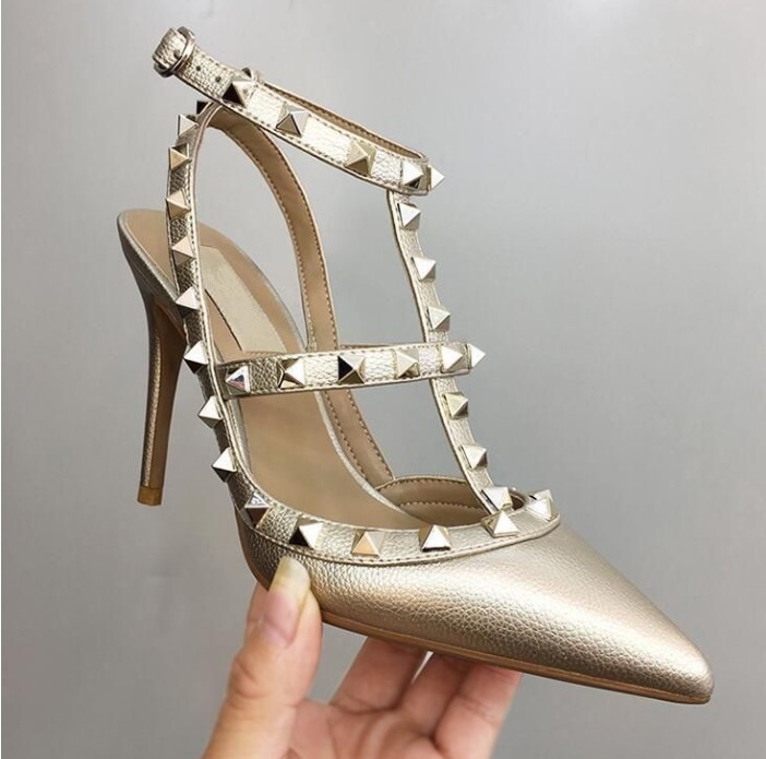 Designer Women Sandals V Brand High Heel Shoes 6cm 8cm 10cm Genuine Leather Thin Heels Black Gold Rose Yellow Silver White Red Wedding Shoes 34-44 with Box