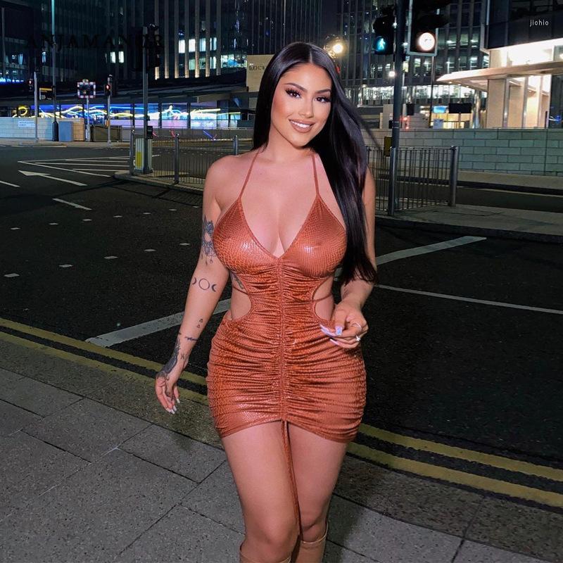 Casual Dresses ANJAMANOR Sexy Hollow Out Backless Halter Bodycon Mini For Women Party Birthday Winter Club Outfits D16-CZ18