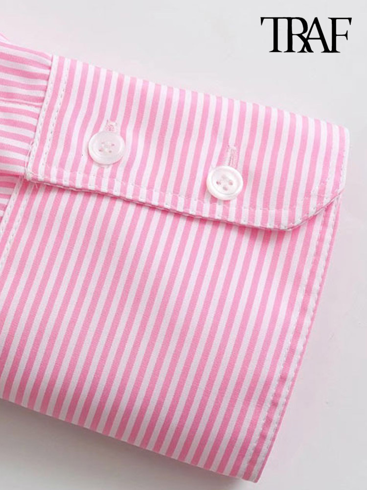 Women's Blouses Shirts TRAF Women Fashion Patch Pocket Striped Poplin Shirts Vintage Long Sleeve Button-up Female Blusas Chic Tops 230308