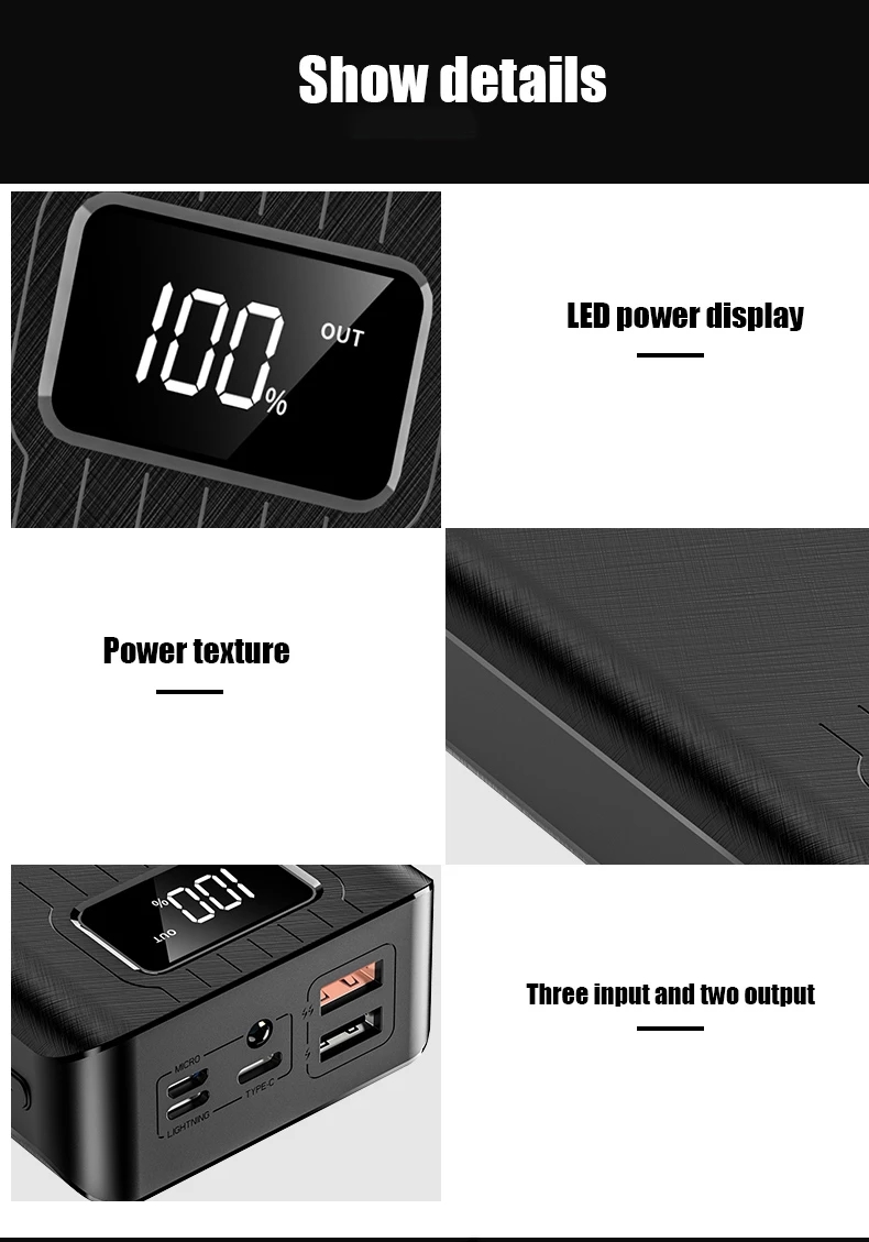 Power Bank 50000mAh Large-Capacity Powerbank Outdoor Travel Charger Phone External Battery LCD Digital Display LED Lighting