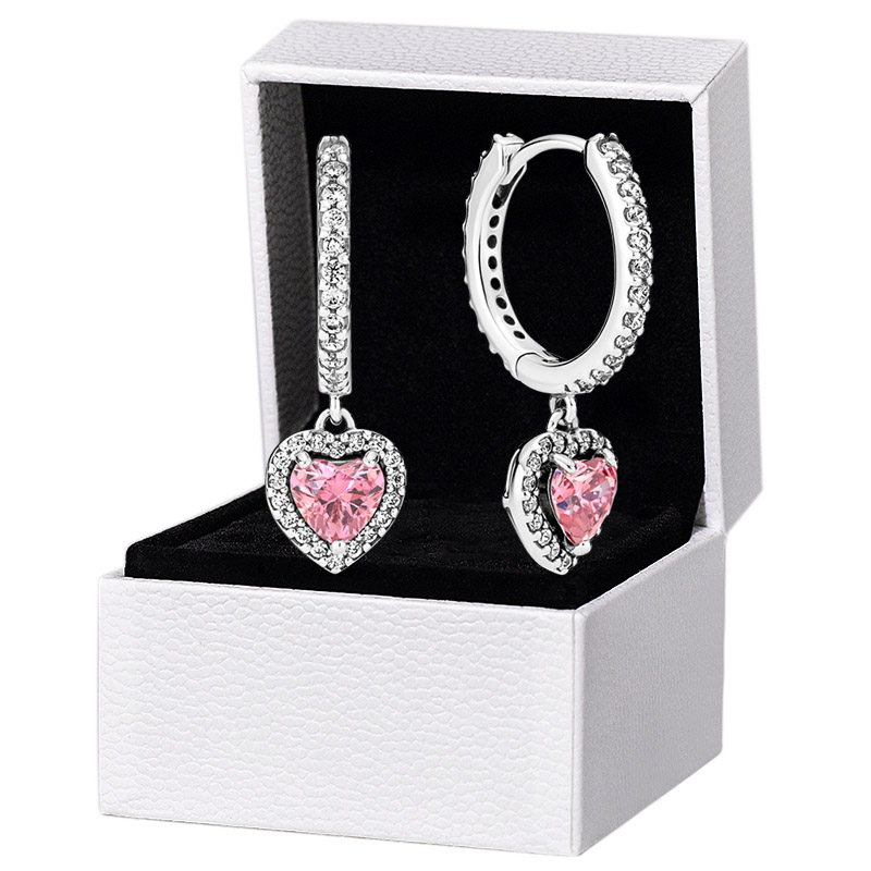 Sparkling Halo Heart Hoop Earrings 925 Sterling Silver designer Earrings Women Wedding Party Jewelry Pink Crystal Diamond earrings with Luxurious Retail Box Set