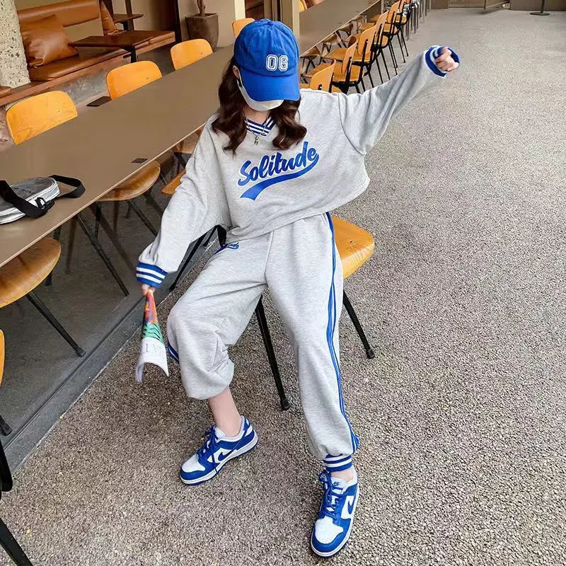 Clothing Sets Contrast Girls V neck Sweatshirt Sweatpant School Kids Tracksuit Students Jogging Suit Children 2 Pieces Outfits 3 16 Years 230307