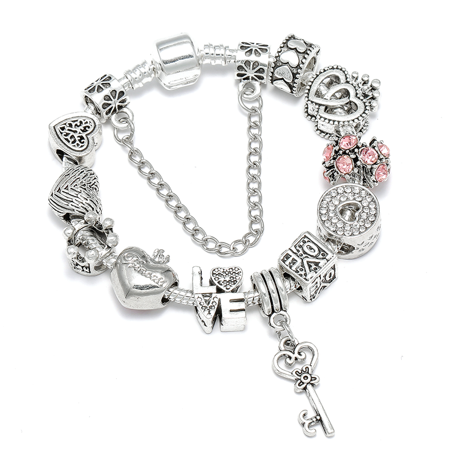 Silver Plated Heart Key Pendant Charm Bracelets For Women Original Girls Princess Crown Beaded Bracelet Wife Jewelry
Silver Plated Heart Key Pendant Charm Bracelets For Women Original Girls Princess Crown Beaded Bracelet Wife Jewelry