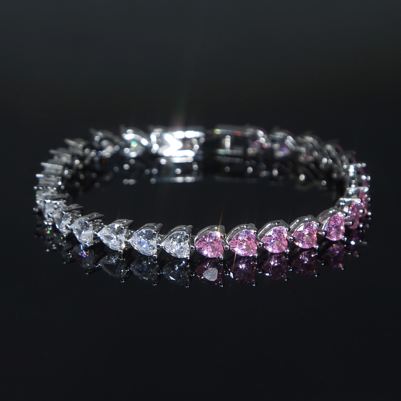 New Classic Trendy Girl Women Bracelet Jewelry Gold Color Full Paved Colorful Cubic Zirconia Cz Heart Love Tennis Chain Bracelets