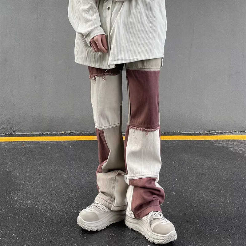 Men's Jeans 2022 New Fashion Brown Patchwork Grunge Baggy Men Jeans Trousers High Street Loose Straight Hip Hop Women Denim Pants Pantalones Z030
