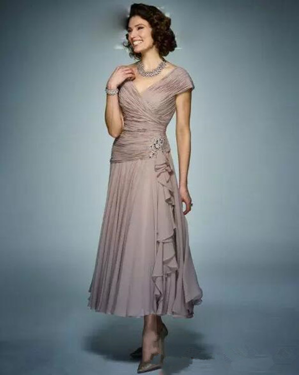 Brown Mother Of The Bride Dresses With wrap cape V Neck chiffon pleated Tea Length Wedding Guest Dress