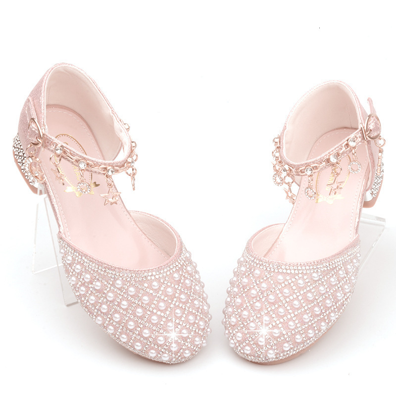 First Walkers Girls High Heel Shoes For Kids Pearl Teen Crystal Party Princess Child Wedding Formal Leather Sandals Footwear 230308