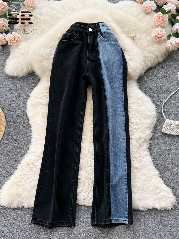 Women's Jeans SINGREINY Pocket Splice Denim Women Jeans Retro Button Zipper Casual Straight Loose Streetwear Ladies Fashion Autumn Long Pants 230