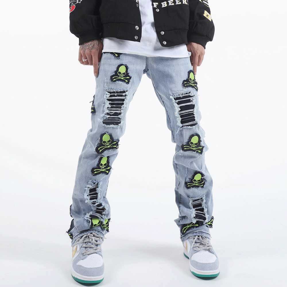 Men's Jeans Ripped Jeans Skeleton Pants Trendyol Vintage Blue Casual Punk Y2k Straight Leg Man Harajuku Men Streetwear Slim Hip Hop Jean Z0301