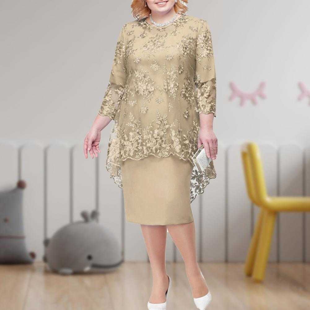 Skirts Women Dress Elegant Vestidos O-neck High-Waist Plus Size Midi Dress Embroidery Lace 3/4 Sleeve Lady Evening Dress Female Clothes W0308