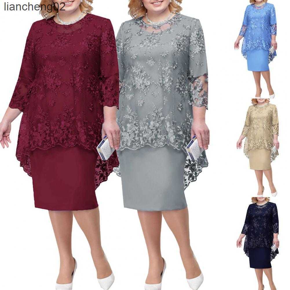 Skirts Women Dress Elegant Vestidos O-neck High-Waist Plus Size Midi Dress Embroidery Lace 3/4 Sleeve Lady Evening Dress Female Clothes W0308