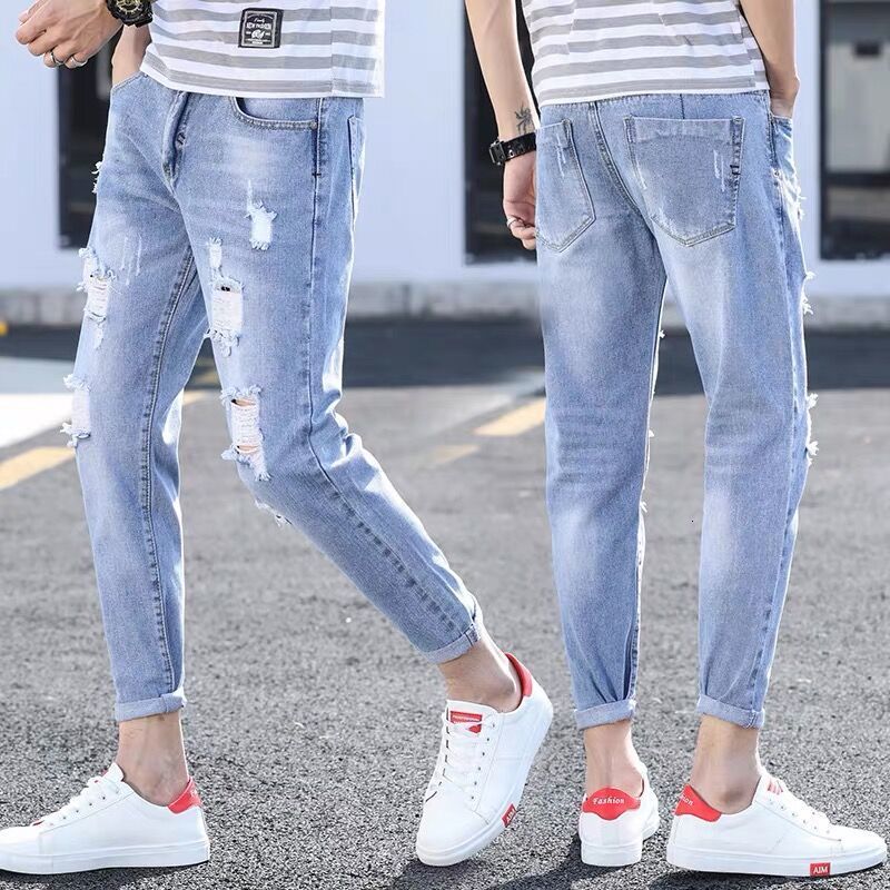 Men's Jeans Men Jeans Ankle-length Holes Straight Washed Leisure Denim Trousers Teens Chic Streetwear Mens All-match Big Size 34 Vintage 230308