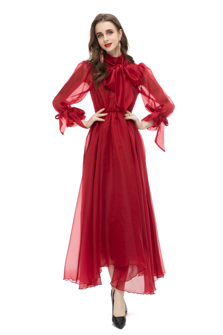 Women's Runway Dresses Lace Up Long Sleeves Elegant High Street Fashion Vestidos