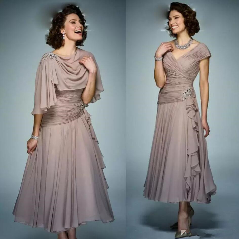 Brown Mother Of The Bride Dresses With wrap cape V Neck chiffon pleated Tea Length Wedding Guest Dress