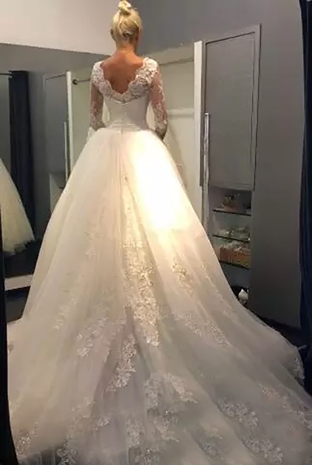 Wedding Dresses Wed Dresses Wed New Bridal Gowns A Line Formal O-Neck Long Sleeve Applique Sweep Train Tulle White Ivory Lace Up Zipper Plus Size Cust
