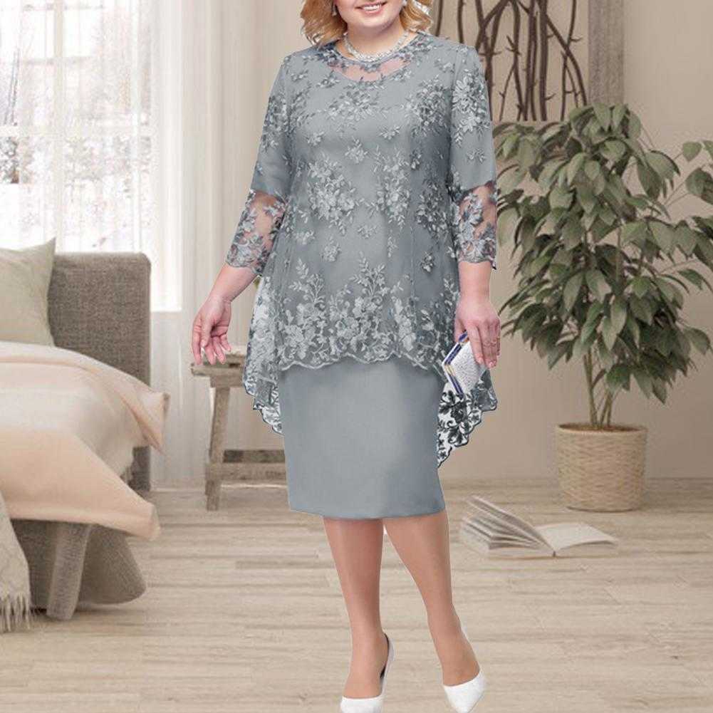 Skirts Women Dress Elegant Vestidos O-neck High-Waist Plus Size Midi Dress Embroidery Lace 3/4 Sleeve Lady Evening Dress Female Clothes W0308