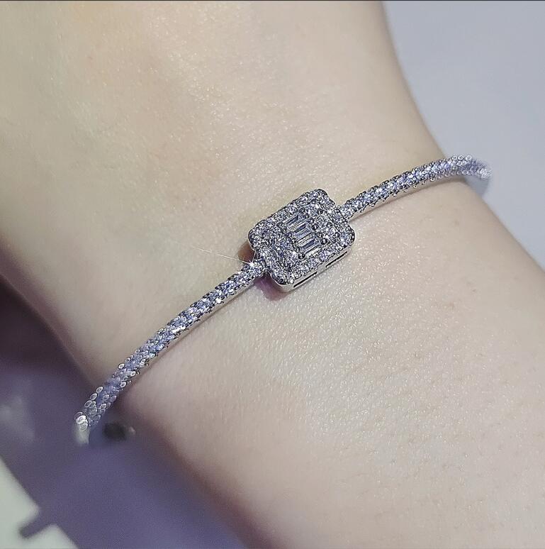Ins Top Sell Square Bangle Luxury Jewelry 925 Sterling Silver Princess Cut White Topaz CZ Diamond Gemstones Party Women Wedding Bracelet For Lover Gif