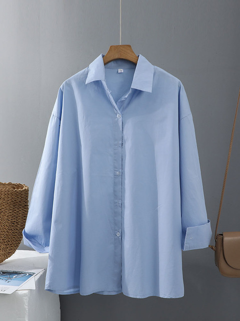 Women's Blouses Shirts Syiwidii Women Shirts Blouses Office Ladies Cotton 100% Oversize Loose Tops Pink White Blue Long Sleeve Fashion Button Up 