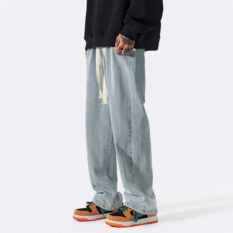Men's Jeans 4color Baggy Jeans Men Fashion Drawstring Casual Straight Jeans Men Japanese Streetwear Hiphop Loose Denim Pants Mens Trousers Z0301