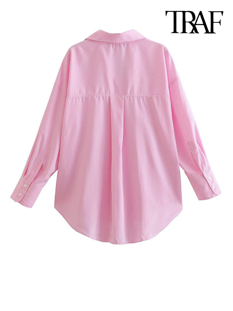 Women's Blouses Shirts TRAF Women Fashion Patch Pocket Striped Poplin Shirts Vintage Long Sleeve Button-up Female Blusas Chic Tops 230308