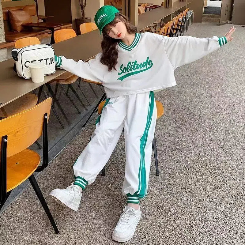 Clothing Sets Contrast Girls V neck Sweatshirt Sweatpant School Kids Tracksuit Students Jogging Suit Children 2 Pieces Outfits 3 16 Years 230307