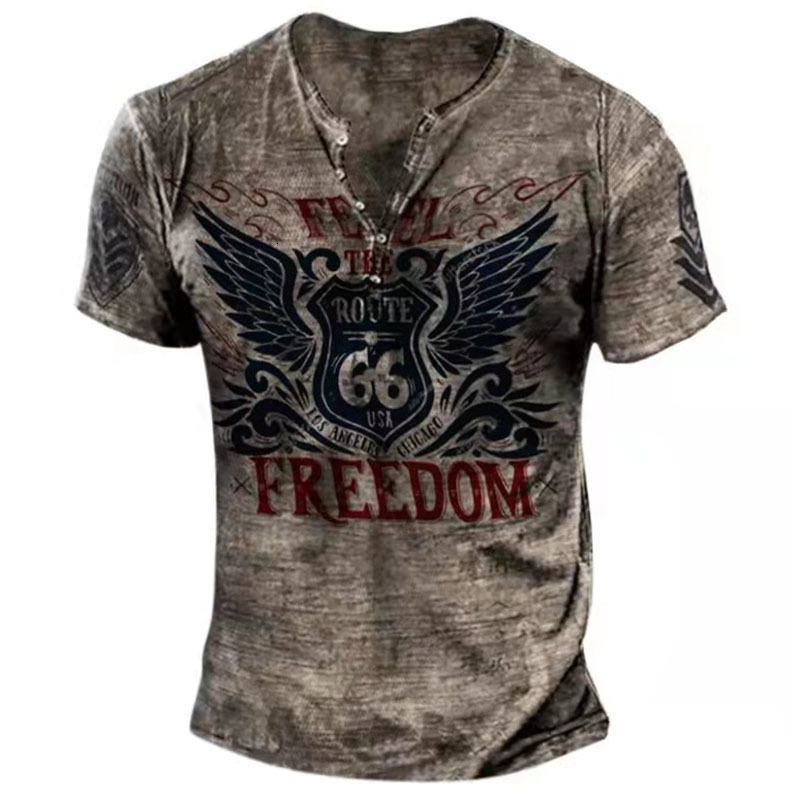 Men's T-Shirts Vintage Button 66 Route V-neck American T Shirt Short Sleeve Gothic T Shirt For Men Oversized Tops Tee Shirt Men Punk Streetwear 2