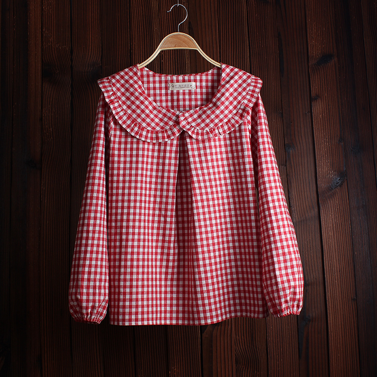 Women's Blouses Shirts Fashion Women Spring Autumn Comfortable Plaid Peter Pan Collar Shirts Female Sweet Ruffled Pleated Shirts Blouses A79 2303
