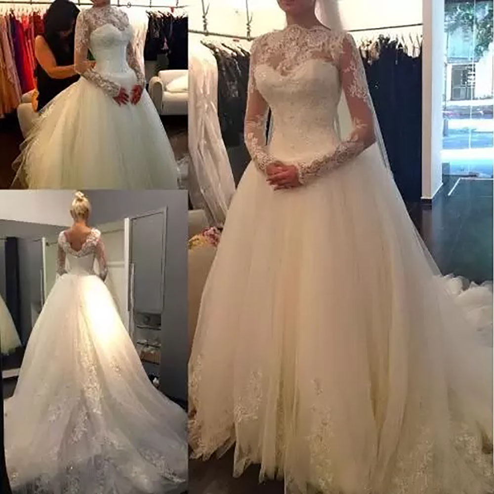 Wedding Dresses Wed Dresses Wed New Bridal Gowns A Line Formal O-Neck Long Sleeve Applique Sweep Train Tulle White Ivory Lace Up Zipper Plus Size Cust