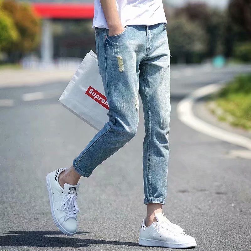 Men's Jeans Men Jeans Ankle-length Holes Straight Washed Leisure Denim Trousers Teens Chic Streetwear Mens All-match Big Size 34 Vintage 230308