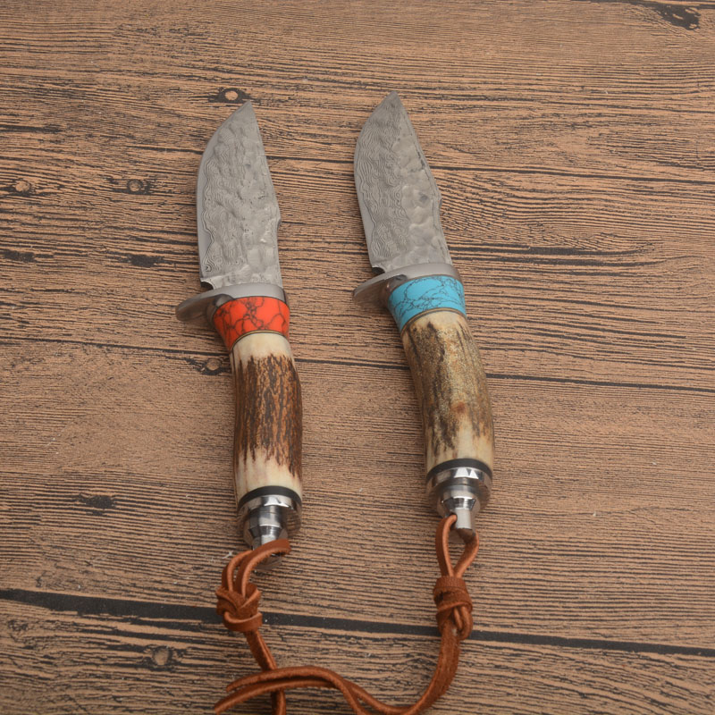 New Arrival G7201 Survival Straight Hunting Knife Damascus Steel Drop Point Blade Deer Horn Handle Outdoor Fixed Blade Knives with Leather Sheath