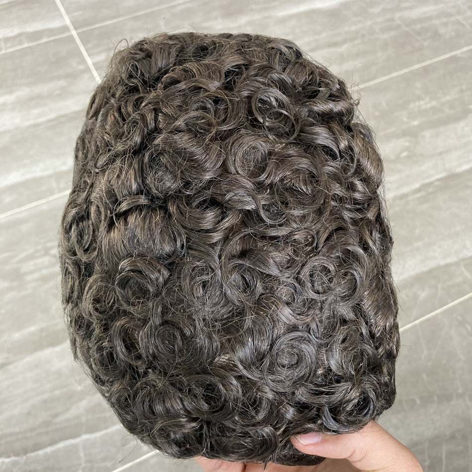 Men's Children's Wigs Full Skin Base 20mm Curly Human Hair Men's Toupee Durable Prosthesis System Black/Brown Hair Piece 130 Density Na