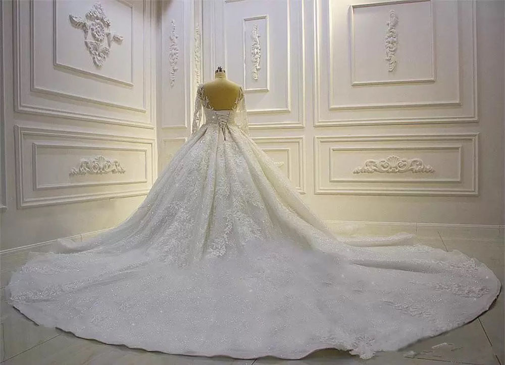 Bridal Gowns Wed New Wedding Dresses Tulle O-Neck A Line Formal Long Sleeve Applique Sweep Train White Ivory Lace Up Plus Size Custom Free s
