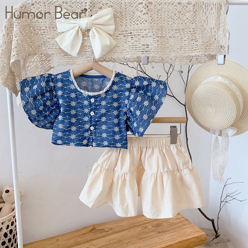 Clothing Sets Humor Bear Girls Set Summer Fashion Ruffle Sleeve Flower Shirt Skirt Outfits 2pcs Toddler Kids Clothes 3 7Y 230307