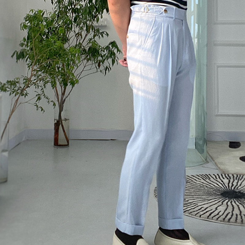 Men's Pants Spring Seersucker High Waist Straight British Petty Bourgeoisie Blue Stripe Italian Casual Trousers Men Pantalones Hombre 230307