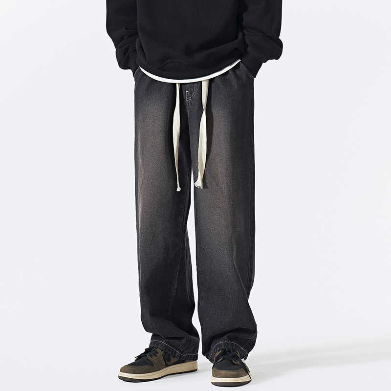 Men's Jeans 4color Baggy Jeans Men Fashion Drawstring Casual Straight Jeans Men Japanese Streetwear Hiphop Loose Denim Pants Mens Trousers Z0301